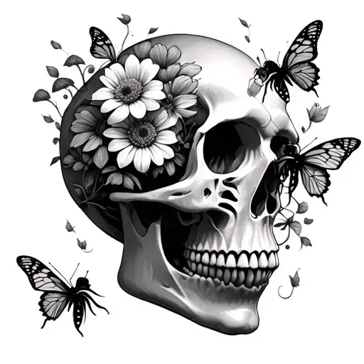 Flowers And Mushrooms Coming Out Of A Skull With Butterflies Or Bees