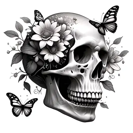 Flowers And Mushrooms Coming Out Of A Skull With Butterflies Or Bees