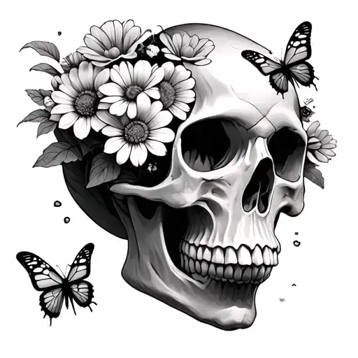 Flowers And Mushrooms Coming Out Of A Skull With Butterflies Or Bees
