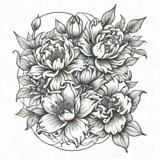 Delicate Light Flowers Of Peonies And Lilies Made With Thin Lines And Light Shadows