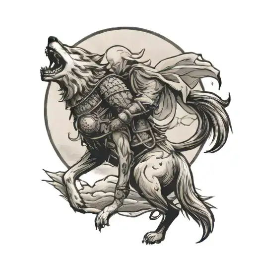 Samurai And Wolf Howling At The Moon