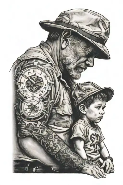 Father And Son Looking Into The Distance At Their Watches