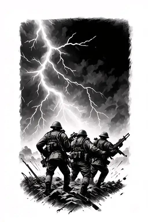 Battlefield Scene With Soldiers Fading Up Into A Lightning Sky