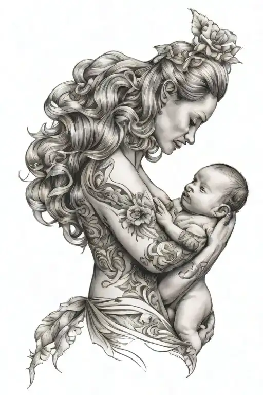 Fine Line Tattoo Of Mother Holding Two Babies