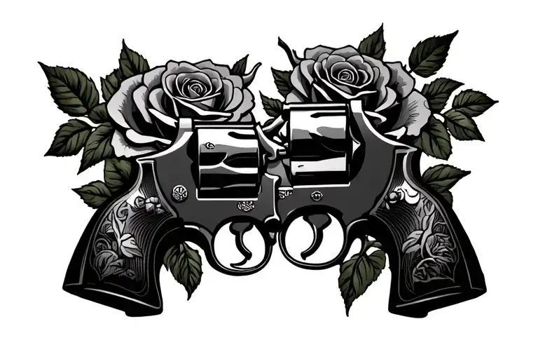 Revolvers Facing Opposite Of Each Other Wrapped In Roses