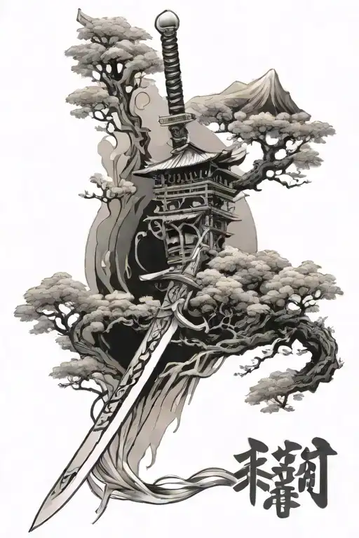 Japanese Scenery Tattoo Featuring Sword Surrounded
