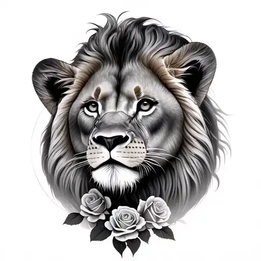 Lion And Cub Faces With Roses Represet Father And Daughter