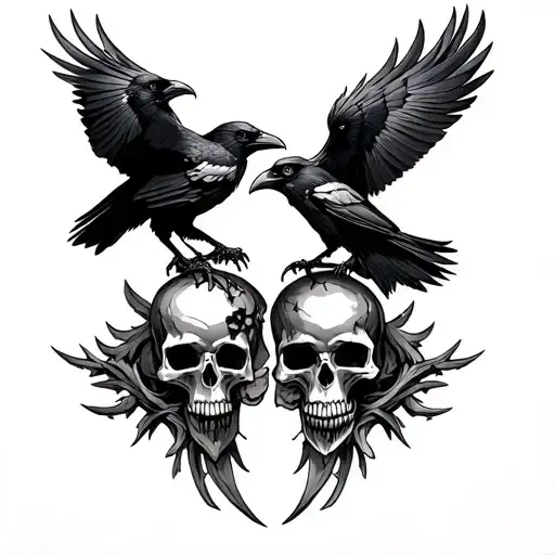 Ravens Huginn And Muninn With Skulls