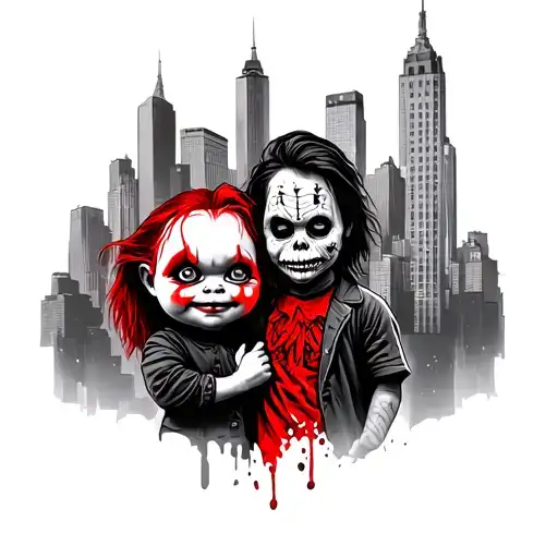 Nyc Skyline With Chucky And Freddy Krueger Holding A Red