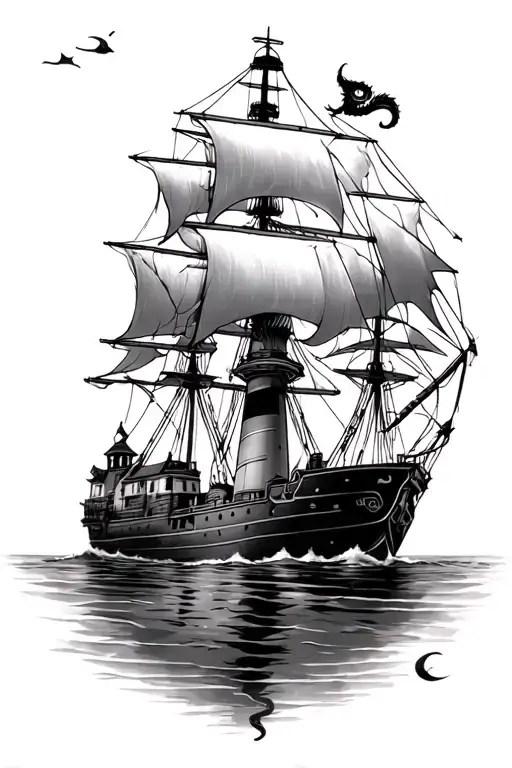 Ship And Kraken And Light House