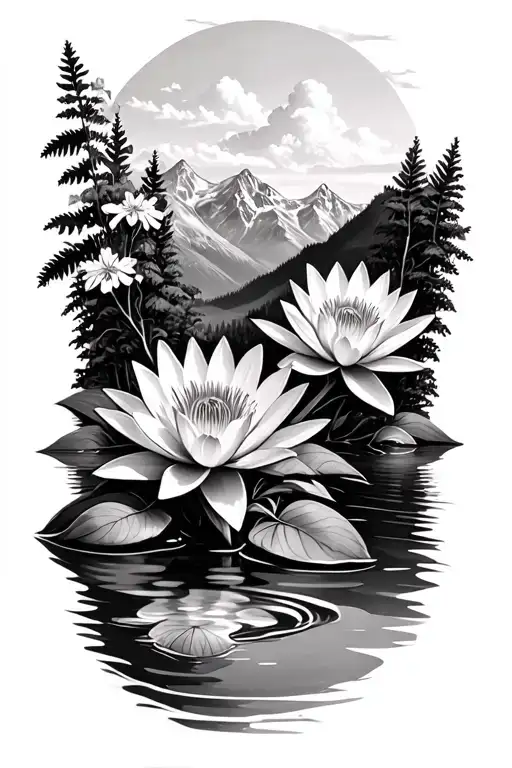 Realistic Mountain Lake With Larkspur Flower And Waterlilly