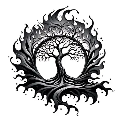 Tree Of Life Try A Black-and-gray Design With Abstract Wind Or Fire Wrapping Around