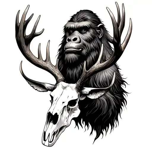 Sasquatch Hold Elk Skull With Antlers In Rocky Mountains