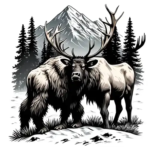 Sasquatch Hiking With A Bull Elk In Its Pack In Rocky Mountains