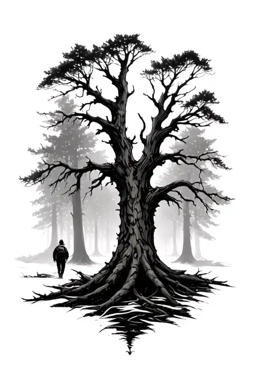 Dead Tree In The Deep Woods With One Person Walking Away In The Distance