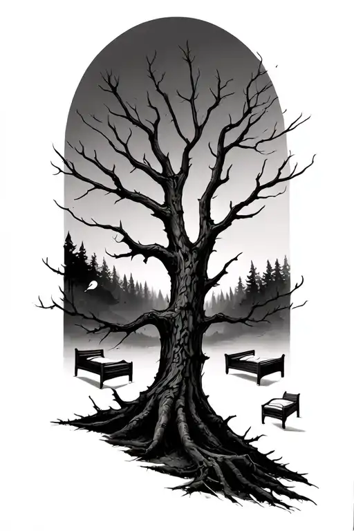 Dead Tree In The Deep Woods With Two Beds Flying Away In The Distance