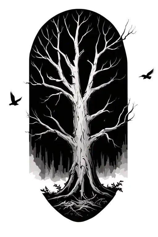 Dead Tree In The Deep Woods With Two Birds Flying Away In The Distance