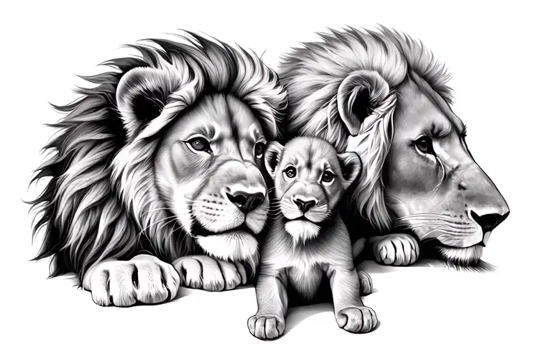 Female Male And Baby Lion Puppy Together In The Form Of A Family Intertwined