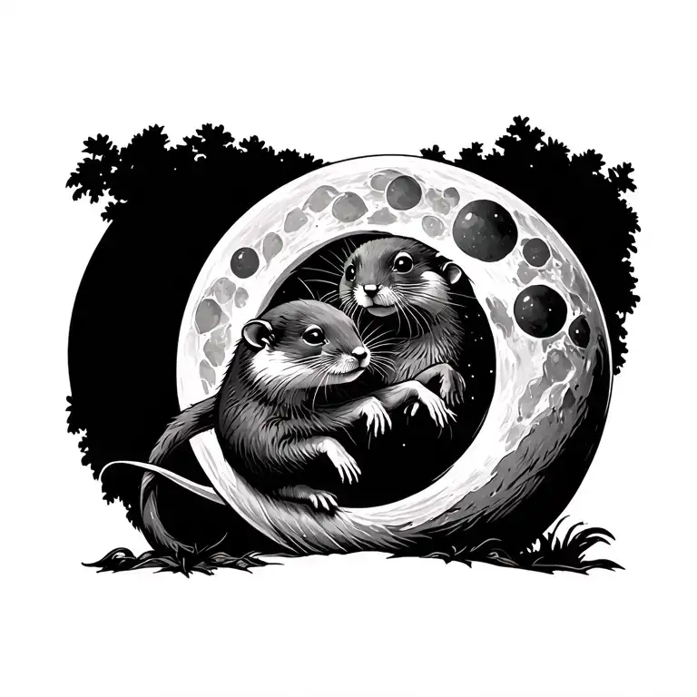 Mouse And Otter Inside The Moon Curled Up