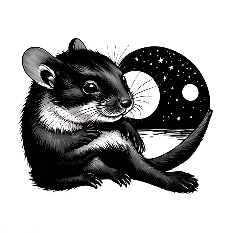 Mouse And Otter Curled Up With The Moon In The Background