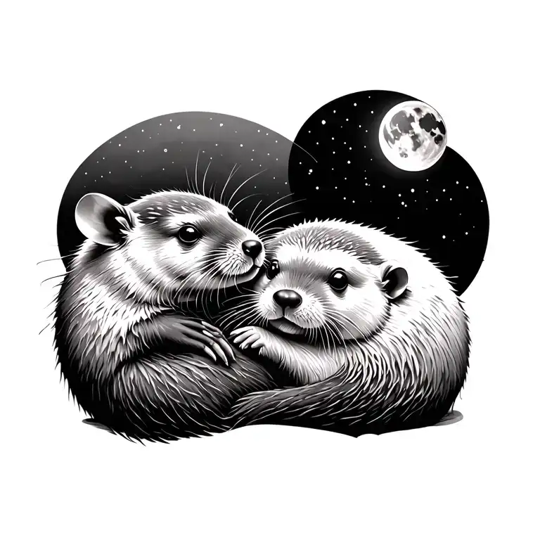 A Mouse And A Sea Otter Curled Up With The Moon In The Background