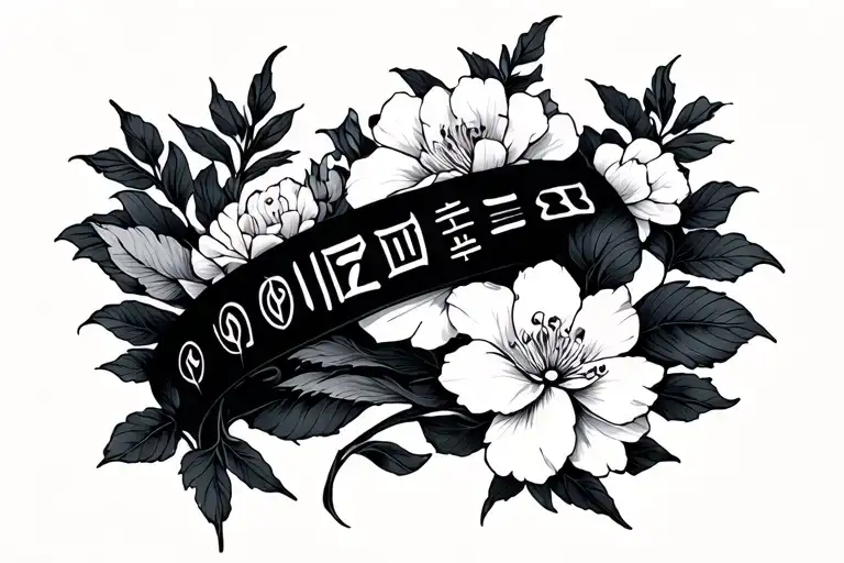 Geometric And Fluid Stiled Band Around The Arm With Japanese Flower And Vikyng Runes