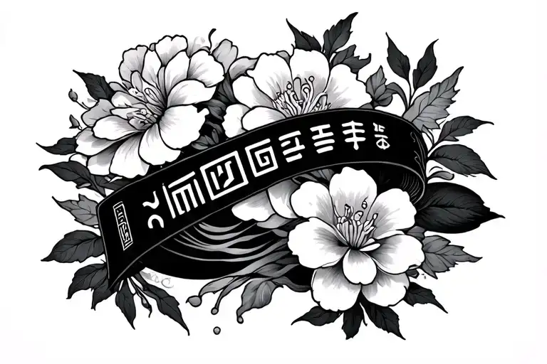 Geometric And Fluid Stiled Band Around The Arm With Japanese Flower And Vikyng Runes