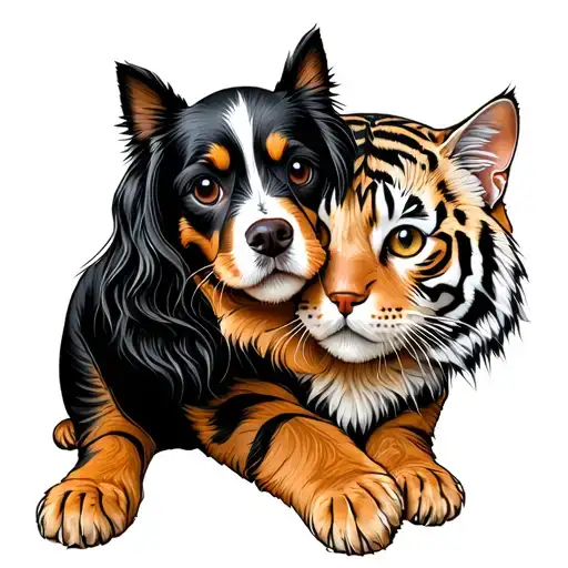 Cocker Spaniel Brindle Colored Hugging A Tiger Colored House Cat