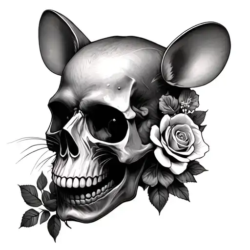 Skull With Mouses And Roses Mayflowers Hibiscus