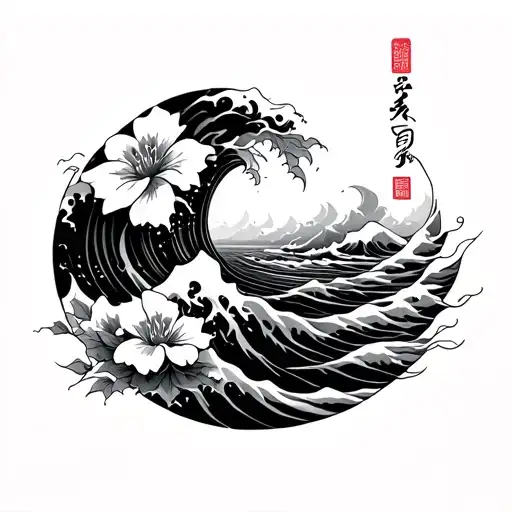 Japanese Style Tattoo Featuring Waves And Flowers And A Whirlpool In The Center At The Top