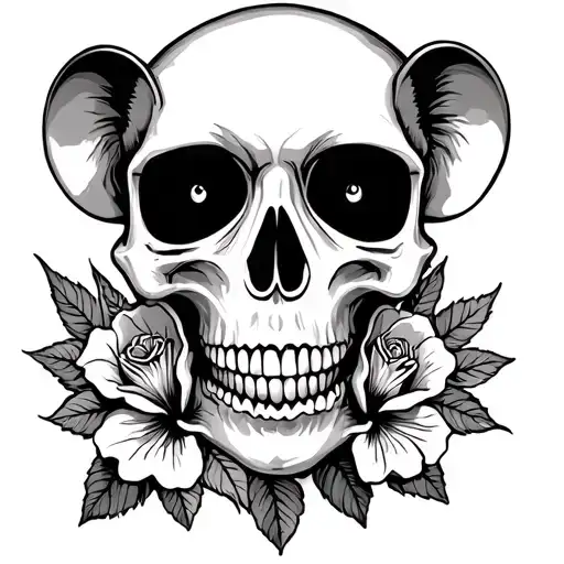 Skull With Mouses And Roses Mayflowers Hibiscus