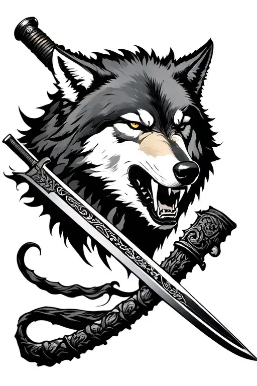 Half Sheathed Katana With Snarling Wolf On One Side And Calm Looking Wolf On The Other