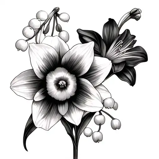 2 Daffodils 1 Lily Of The Valley And 1 Larkspur Flowers Intertwined