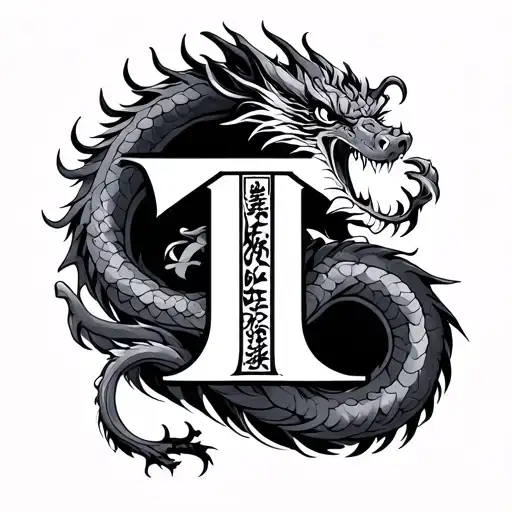 Thin And Dangerous Chinese Dragon Wrappened Around The Letter T