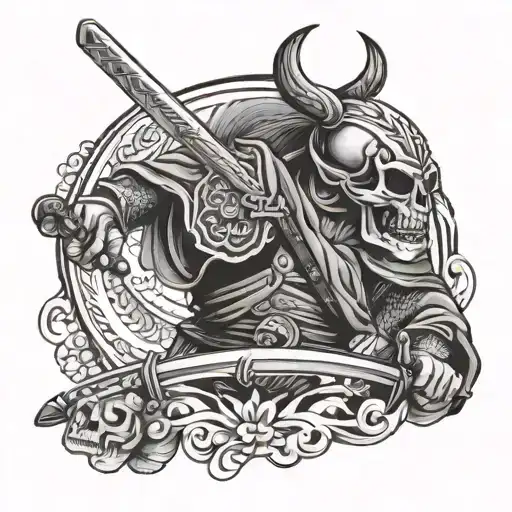 Japanese Warrior Men With Skull Head With Sword