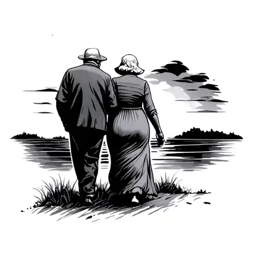 Elder Couple Walking Into Sunset
