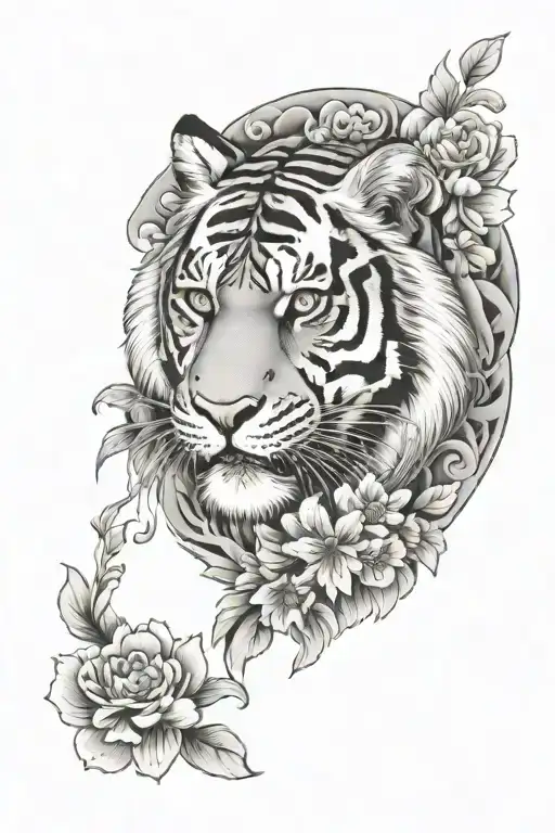 Tiger And Japanese Flowers With A Mandala Design Incorporating