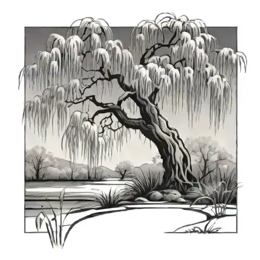 Weeping Willow Tree In A Field Of Dafodils