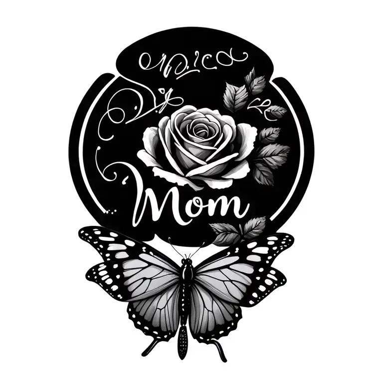 Small Butterfly With Name Mom Written And Small Rose