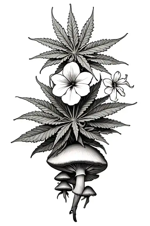 Cannabis Flower Intertwined With Morning Glories And Mushrooms