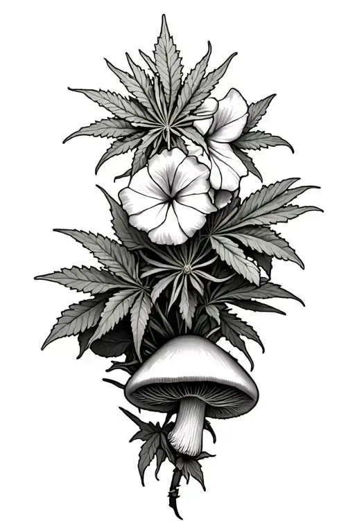 Cannabis Flower Intertwined With Morning Glories And Mushrooms