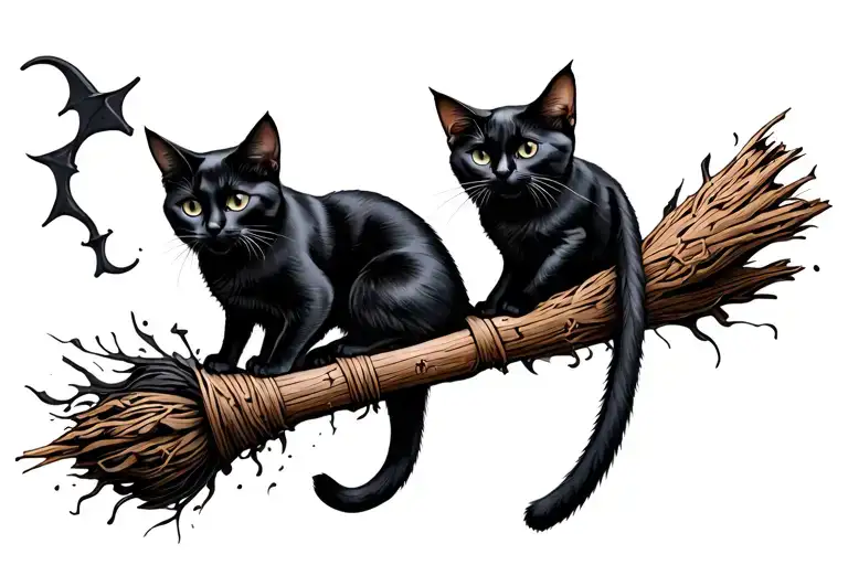 Two Black Cats On A Witch Broom