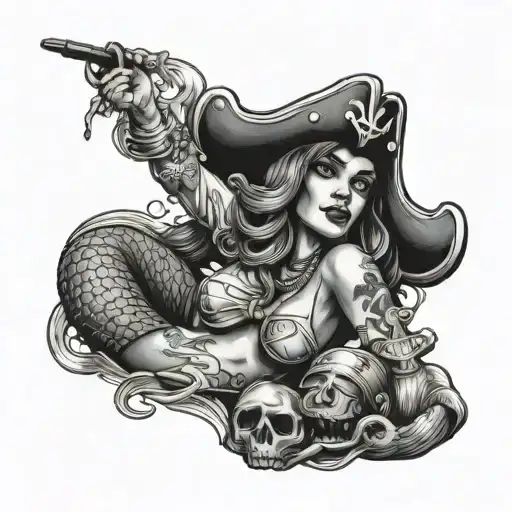 Tattooed Lying Pirate Mermaid With A Bottle Of Rum In Her Hand
