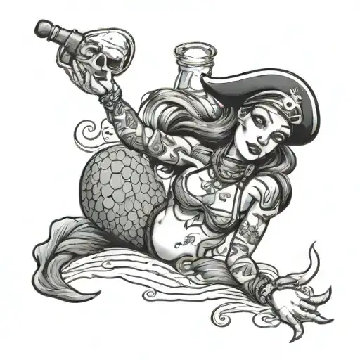 Pirate Mermaid With A Bandana On Her Head Lying Down Tattooed With A Bottle Of Rum In Her Hand