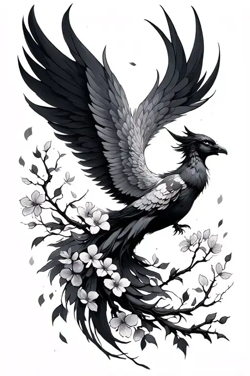 Feminine Phoenix With Cherry Blossoms Falling From The Wings