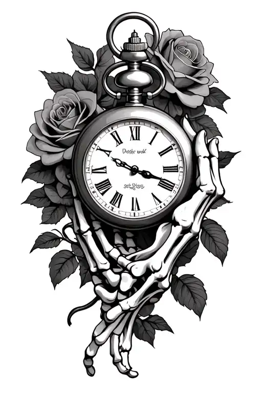 Skeleton Hand Holding Pocket Watch Surrounded Roses