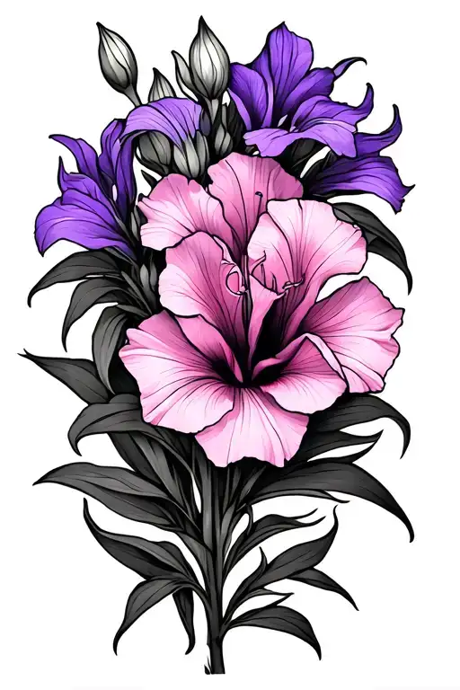 Pink Gladiolus And Purple Violet Flower Tattoo Design