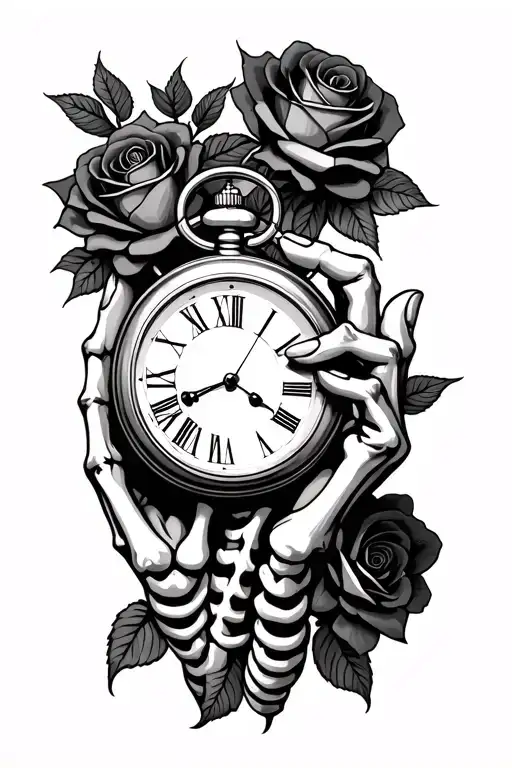 Skeleton Hand Holding On Palm Pocket Watch Surrounded Roses