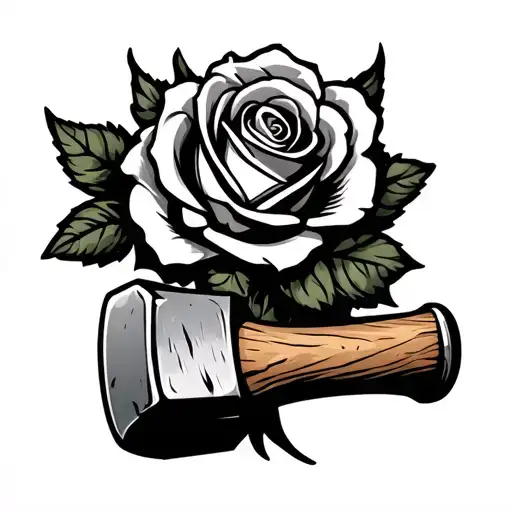 Old And Worn Sledgehammer With A Rose On On The Face Of The Hammer