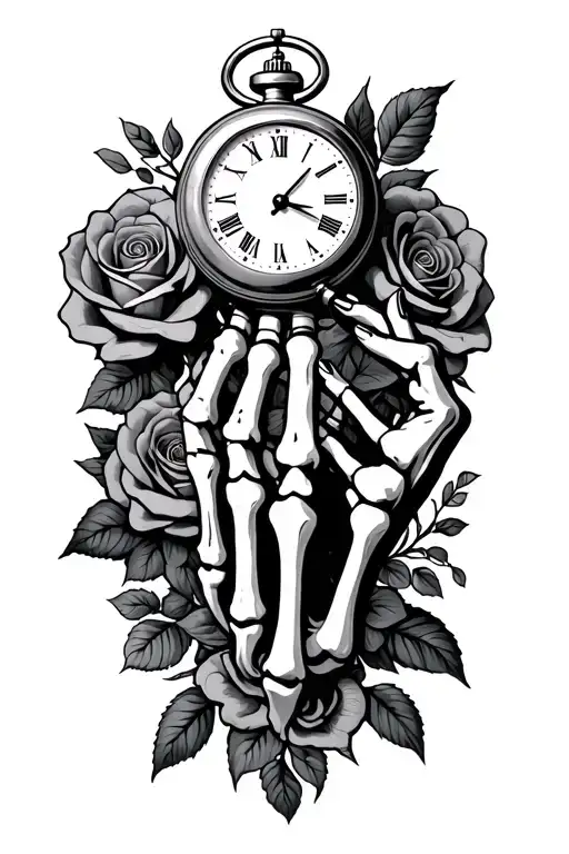 Skeleton Hand Holding On Palm Pocket Watch Surrounded Roses In Woodcut Style